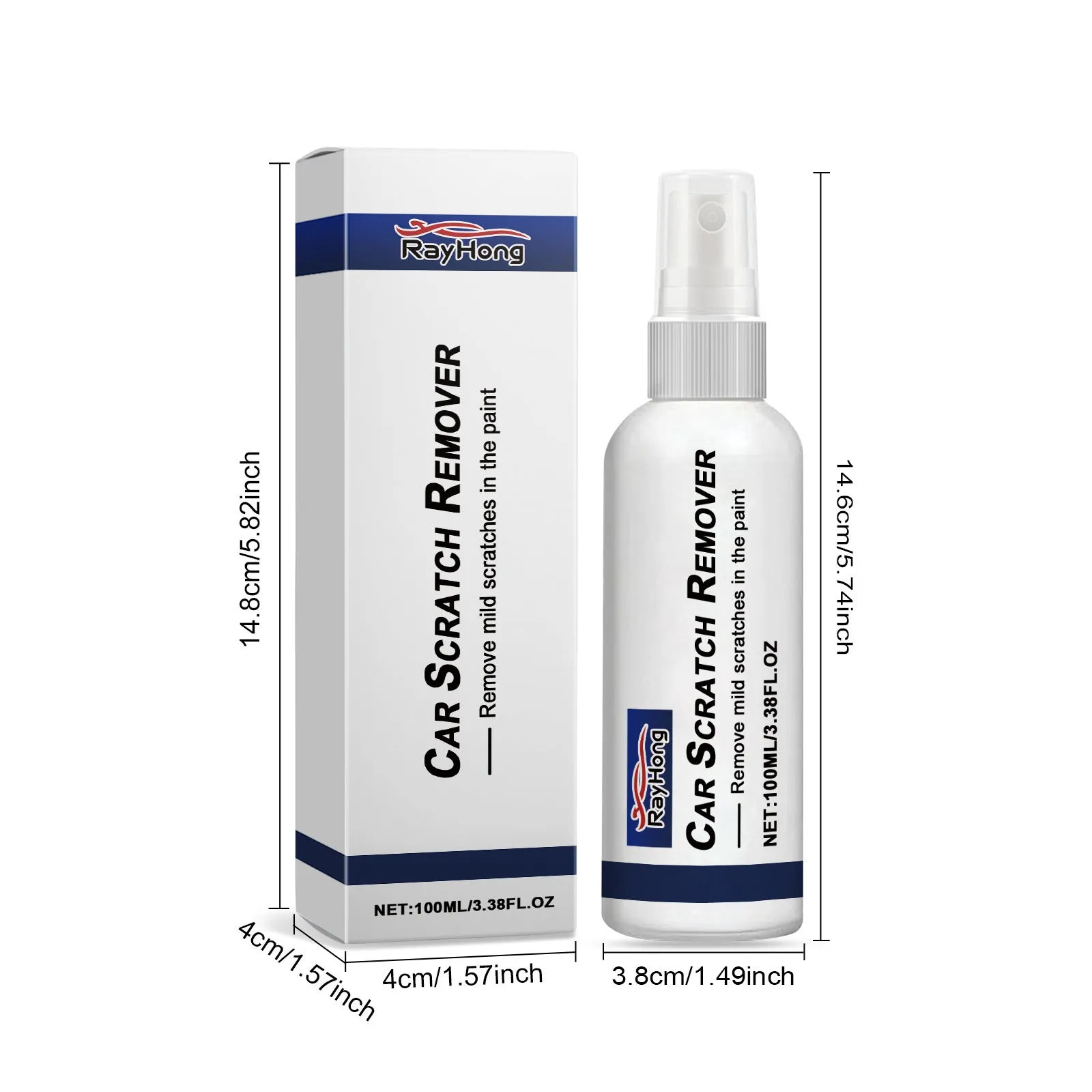 Boxed car scratch repair spray with polysiloxane and abrasive for minor paint scratches, 3.8x14.6cm