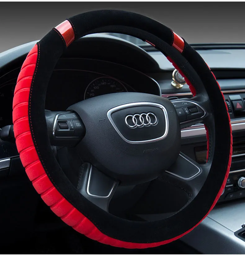 Short plush steering wheel cover in beige with rubber inner ring for 38cm wheels