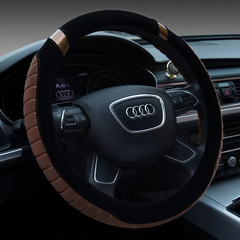 Short plush steering wheel cover in beige with rubber inner ring for 38cm wheels