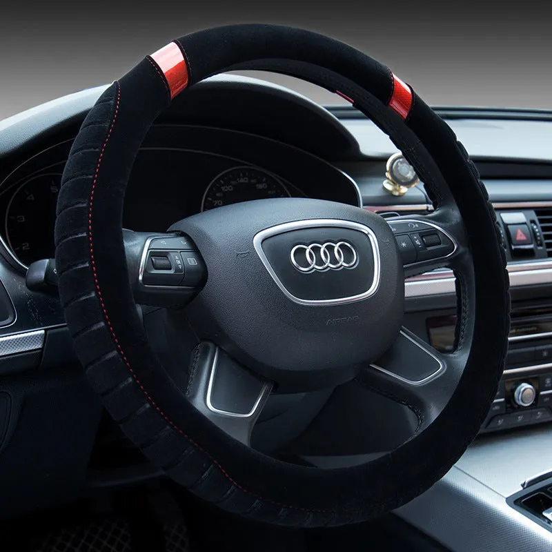 Short plush steering wheel cover in beige with rubber inner ring for 38cm wheels