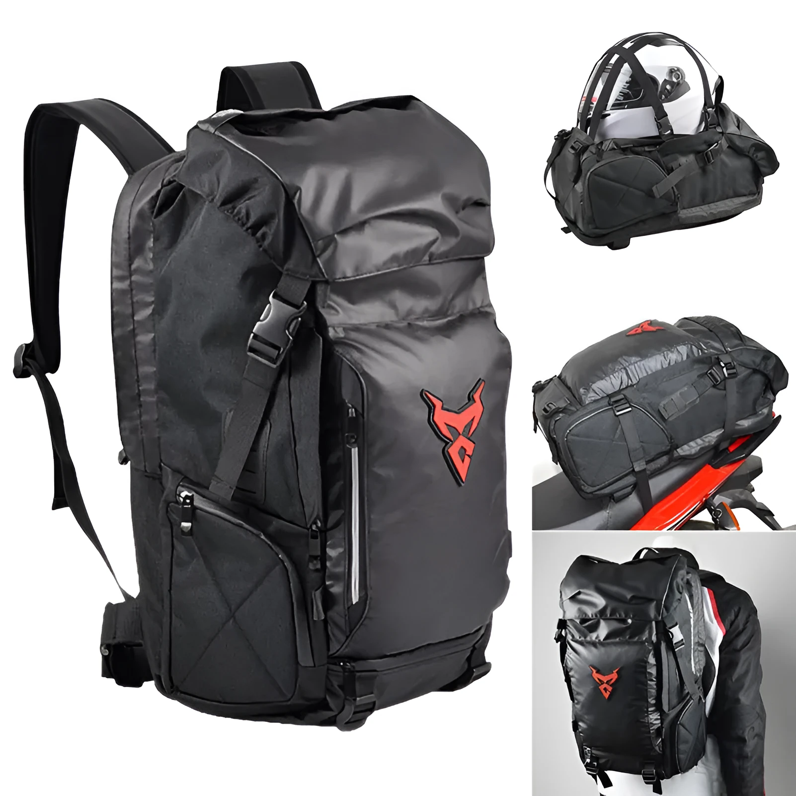 Multifunctional Oxford cloth motorcycle travel backpack with 55x34x36cm capacity in red label colour