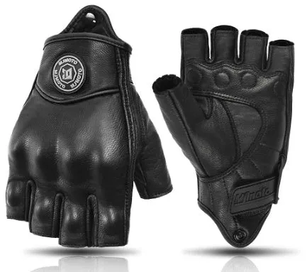 Retro Mo Trailer black sheepskin half finger riding gloves on a motorcycle handlebar