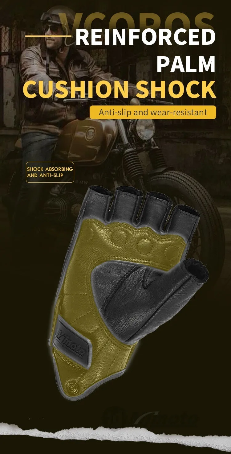 Retro Mo Trailer black sheepskin half finger riding gloves on a motorcycle handlebar