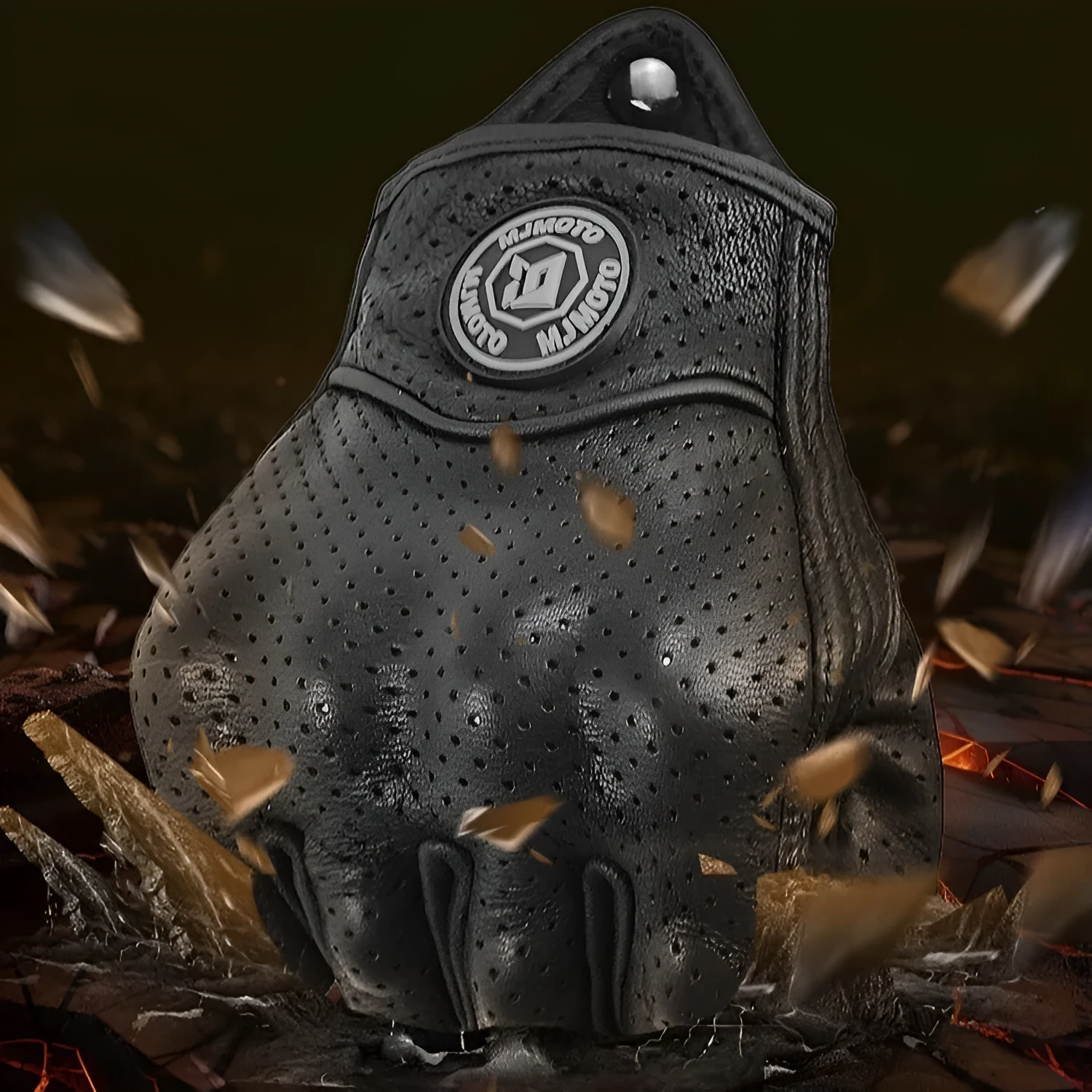 Retro Mo Trailer black sheepskin half finger riding gloves on a motorcycle handlebar