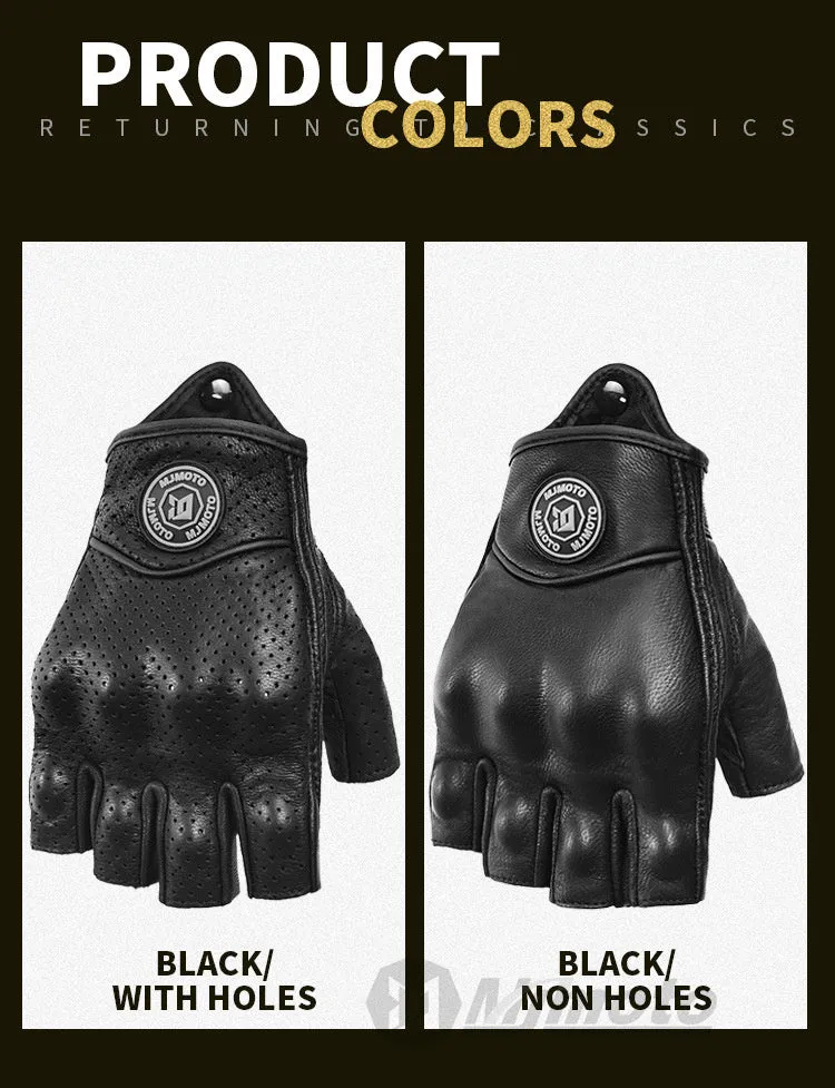 Retro Mo Trailer black sheepskin half finger riding gloves on a motorcycle handlebar
