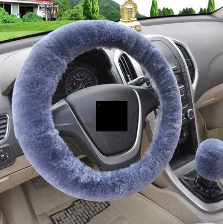 Winter wool plush steering wheel cover in 38cm diameter three-piece set with elastic band option, available in multiple colours including beige, black, and brown