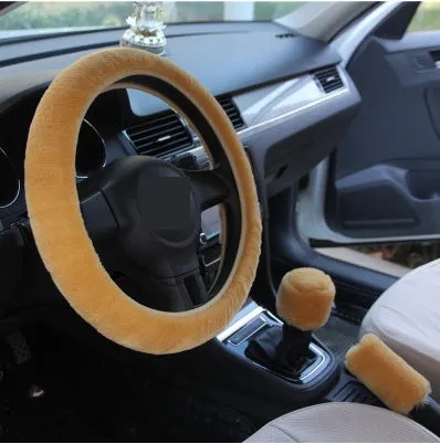 Winter wool plush steering wheel cover in 38cm diameter three-piece set with elastic band option, available in multiple colours including beige, black, and brown