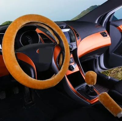 Winter wool plush steering wheel cover in 38cm diameter three-piece set with elastic band option, available in multiple colours including beige, black, and brown