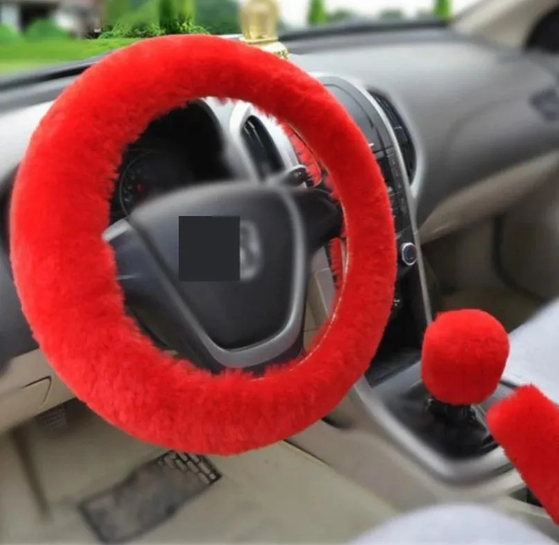 Winter wool plush steering wheel cover in 38cm diameter three-piece set with elastic band option, available in multiple colours including beige, black, and brown
