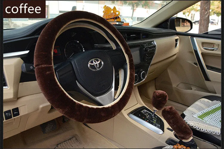 Winter wool plush steering wheel cover in 38cm diameter three-piece set with elastic band option, available in multiple colours including beige, black, and brown