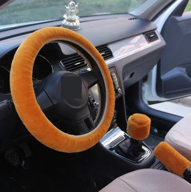 Winter wool plush steering wheel cover in 38cm diameter three-piece set with elastic band option, available in multiple colours including beige, black, and brown