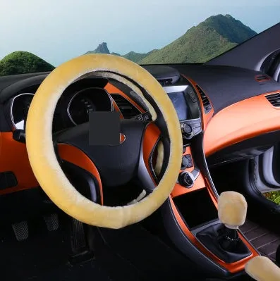 Winter wool plush steering wheel cover in 38cm diameter three-piece set with elastic band option, available in multiple colours including beige, black, and brown