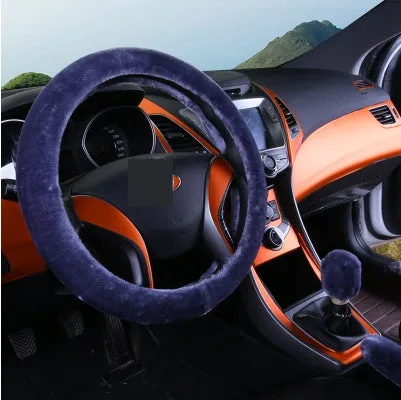 Winter wool plush steering wheel cover in 38cm diameter three-piece set with elastic band option, available in multiple colours including beige, black, and brown