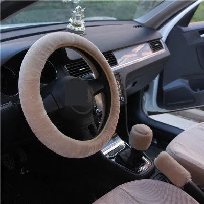 Winter wool plush steering wheel cover in 38cm diameter three-piece set with elastic band option, available in multiple colours including beige, black, and brown