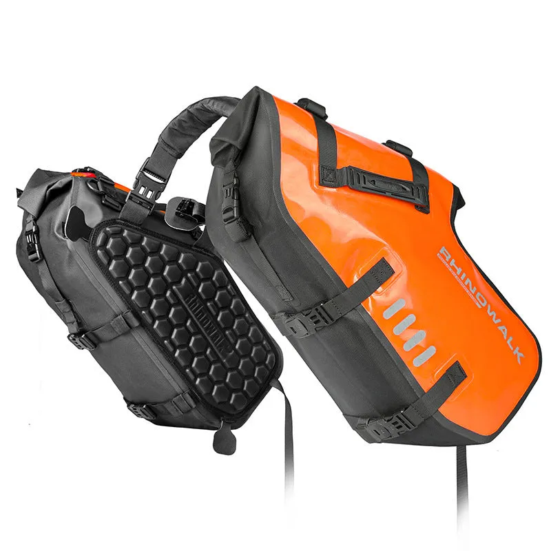 Pair of black waterproof polyester motorcycle side bags on rear seat, 18L capacity