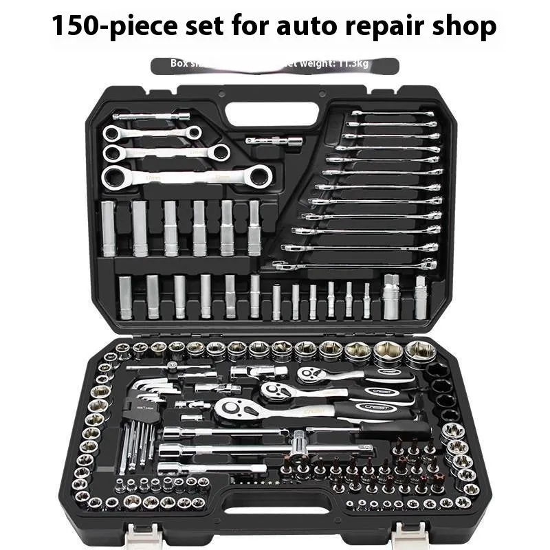 Auto repair multifunctional tool set with 150-piece flying socket wrenches, upgraded curved handle 72 teeth, black finish