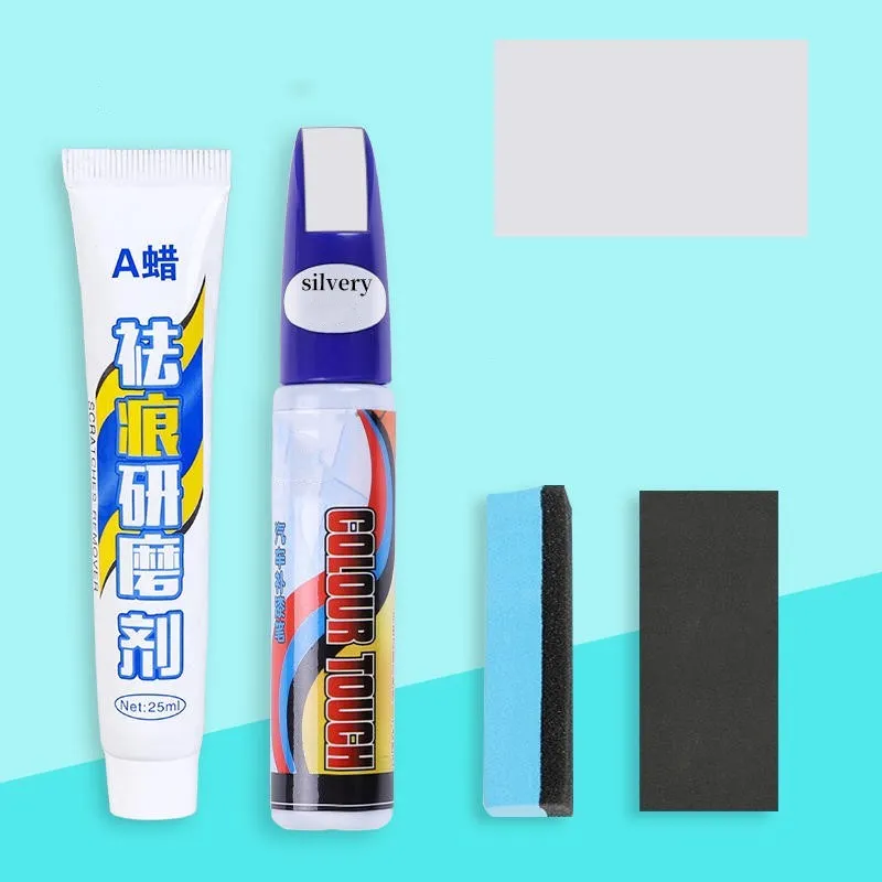 Automotive scratch repair kit with paint pen, wax, sponge, sandpaper in 10 colour options