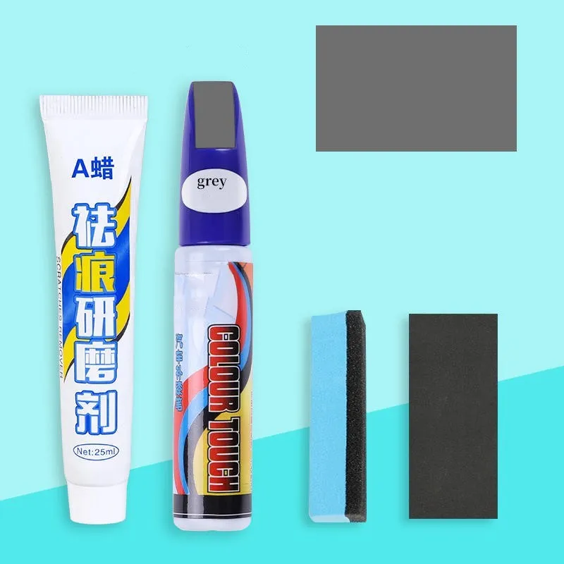 Automotive scratch repair kit with paint pen, wax, sponge, sandpaper in 10 colour options