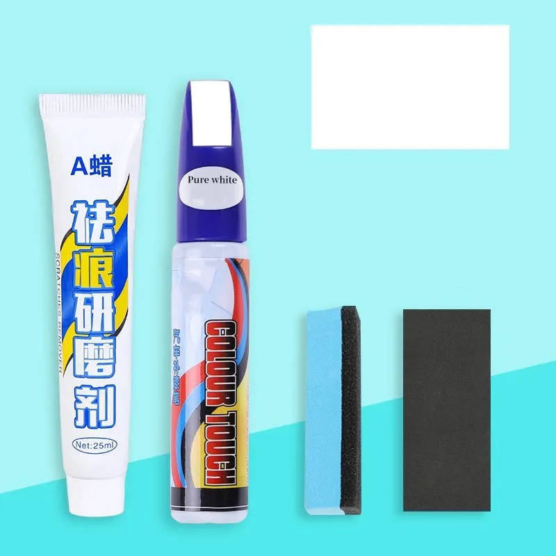 Automotive scratch repair kit with paint pen, wax, sponge, sandpaper in 10 colour options