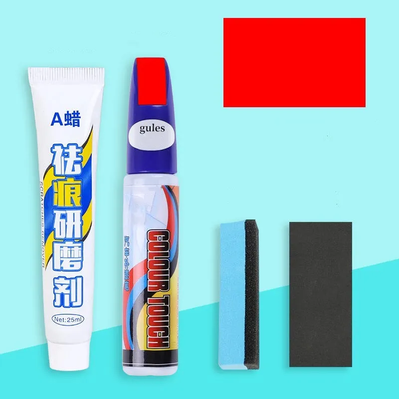 Automotive scratch repair kit with paint pen, wax, sponge, sandpaper in 10 colour options