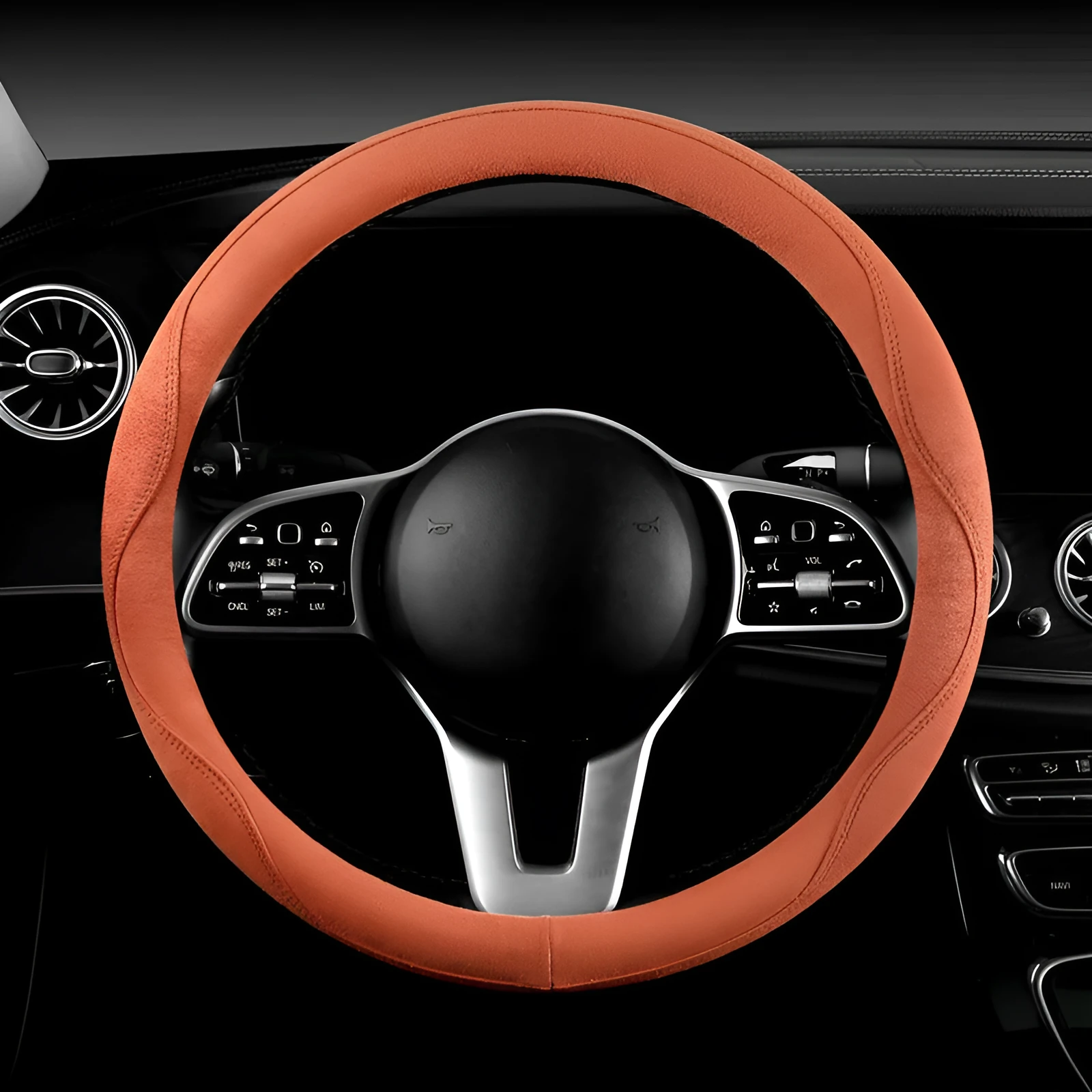 Suede non-slip car steering wheel cover 38cm diameter colourful thread suede vibrant orange