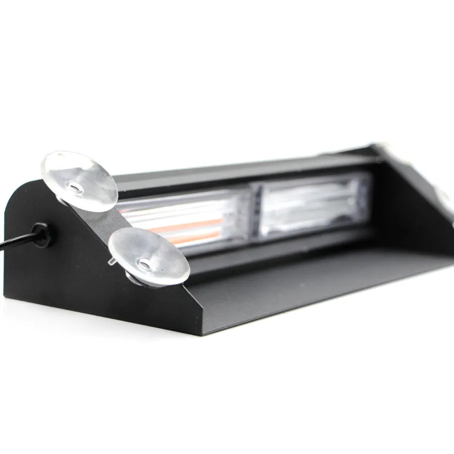 LED strobe light with aluminum housing and suction cup mount on a car windscreen