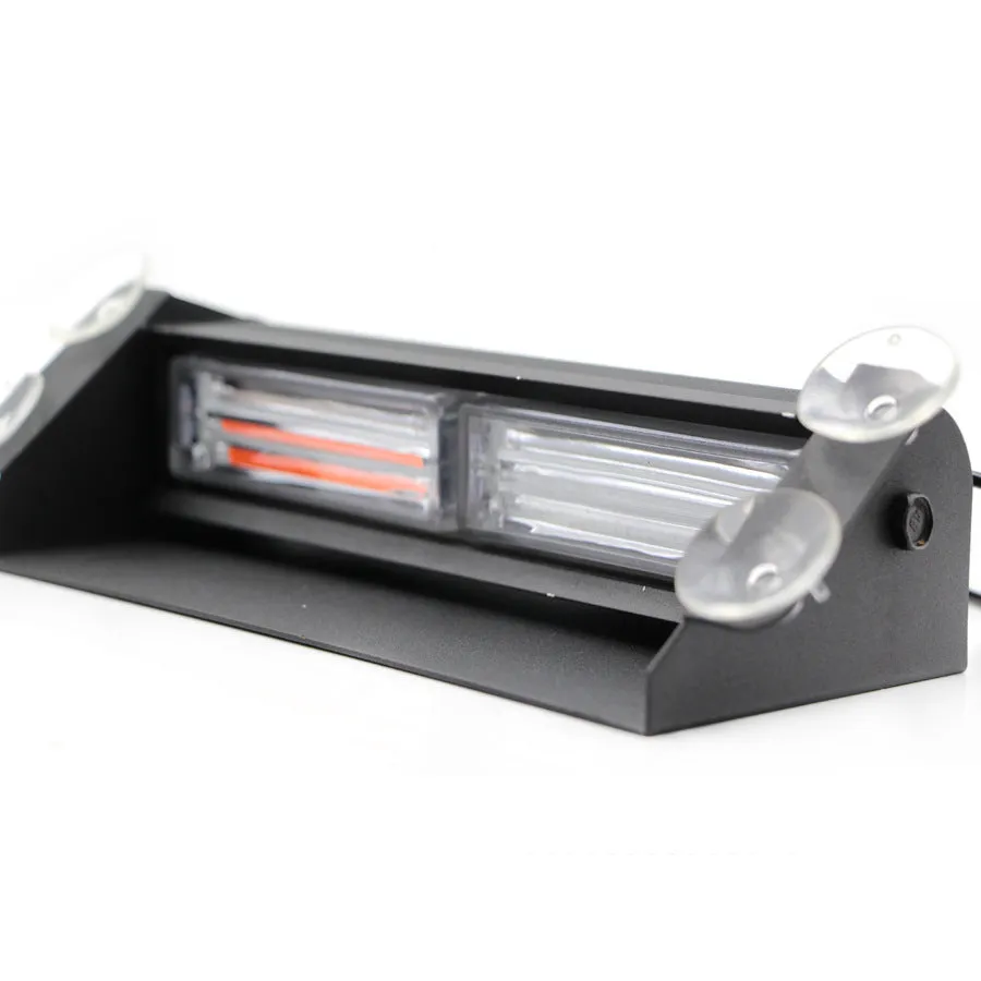 LED strobe light with aluminum housing and suction cup mount on a car windscreen