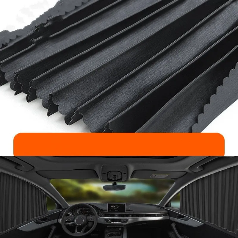 Retractable car sun curtain shown in black colour with roller shutter mechanism extended