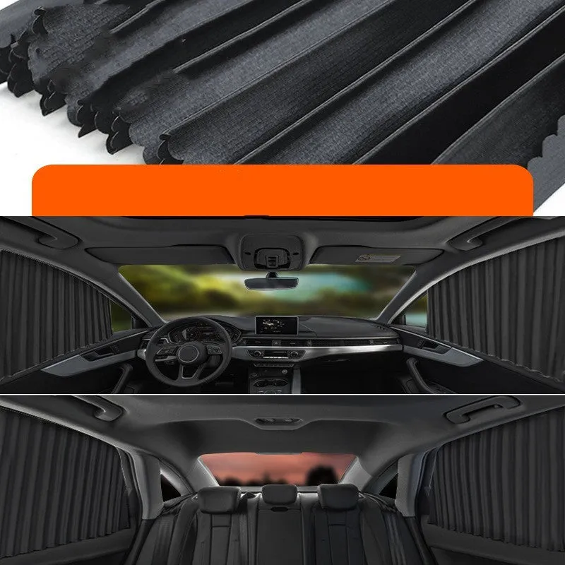 Retractable car sun curtain shown in black colour with roller shutter mechanism extended