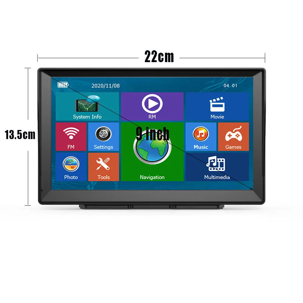 9-inch car portable GPS navigator with voice navigation and 3D maps on windscreen mount