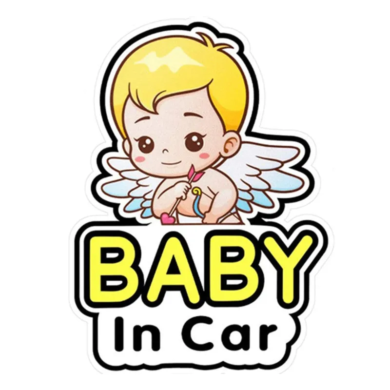 Baby on board reflective car bumper sticker on white background, showing example of baby-themed design.