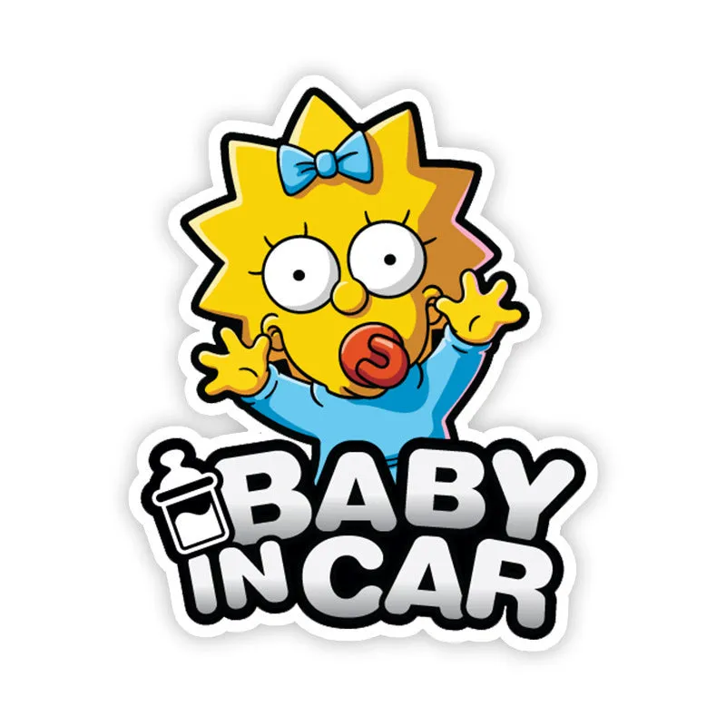 Baby on board reflective car bumper sticker on white background, showing example of baby-themed design.