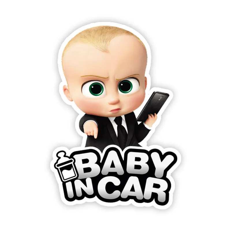 Baby on board reflective car bumper sticker on white background, showing example of baby-themed design.