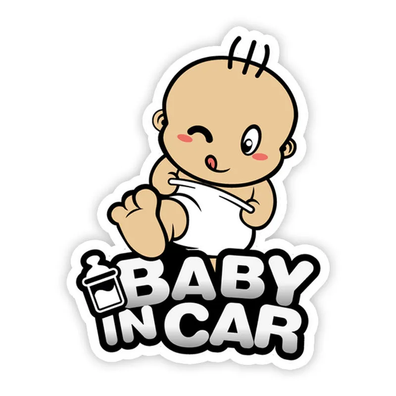 Baby on board reflective car bumper sticker on white background, showing example of baby-themed design.