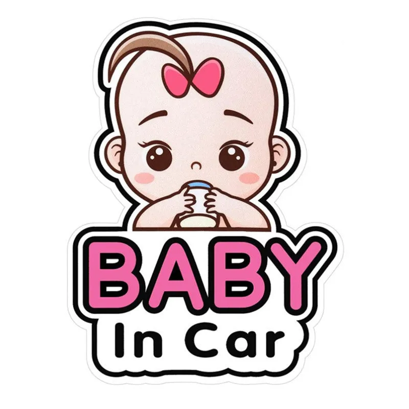Baby on board reflective car bumper sticker on white background, showing example of baby-themed design.