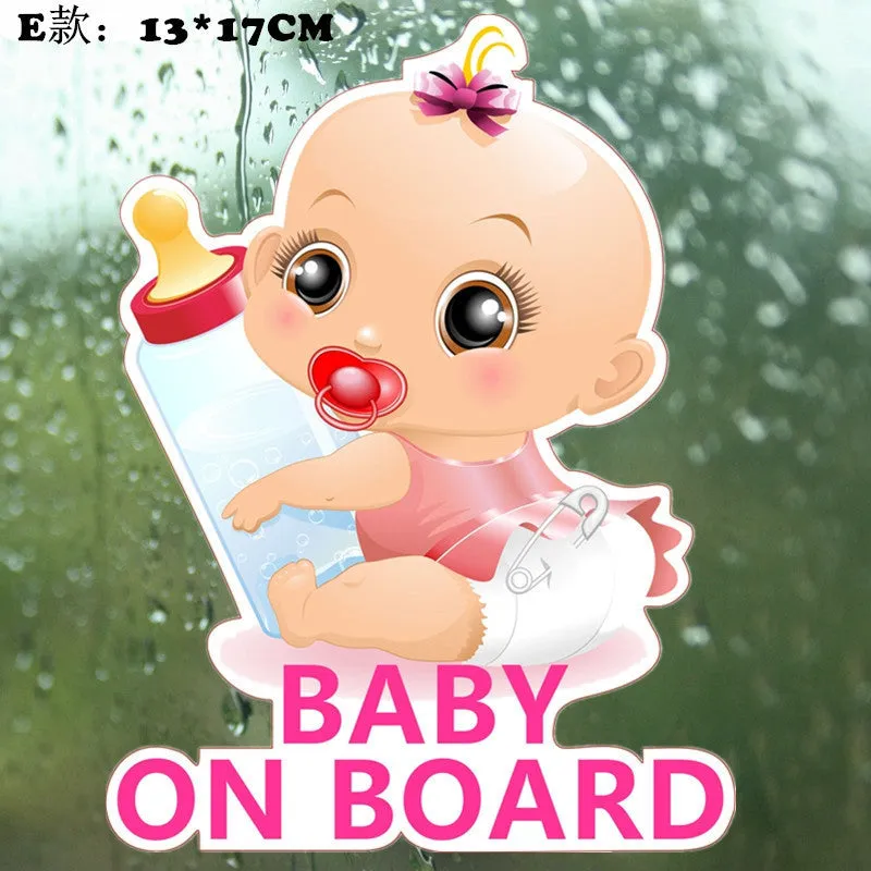 Baby on board reflective car bumper sticker on white background, showing example of baby-themed design.