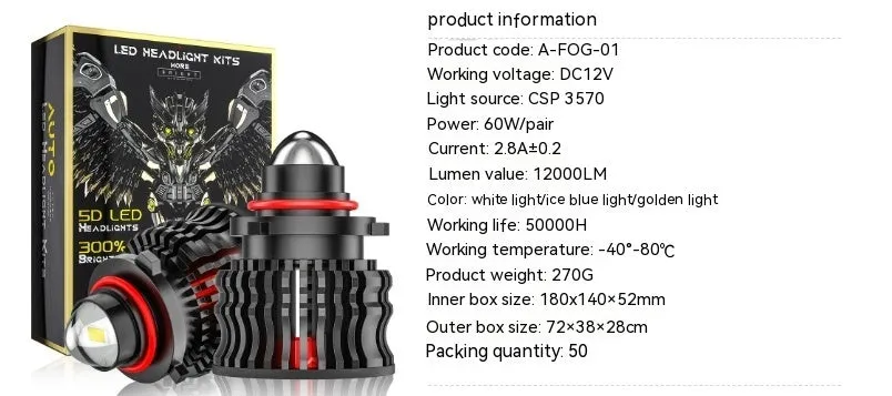 60W LED fog lamp with laser lens aluminium housing fits 9005 HB3 9006 HB4 H8 H11 sockets white yellow blue light