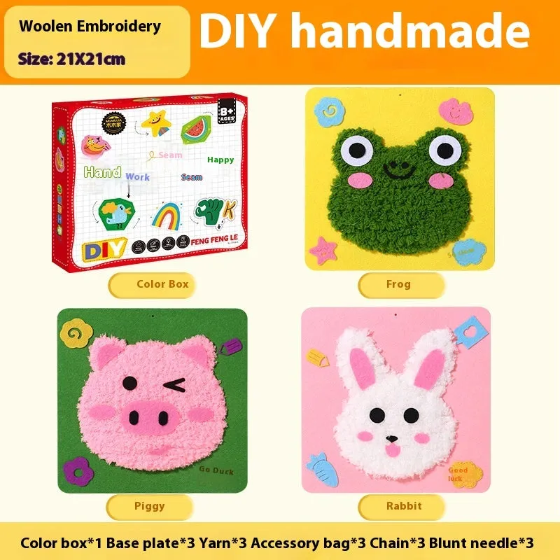 Children's DIY wool embroidery kit with cartoon animal design on 15cm cloth base