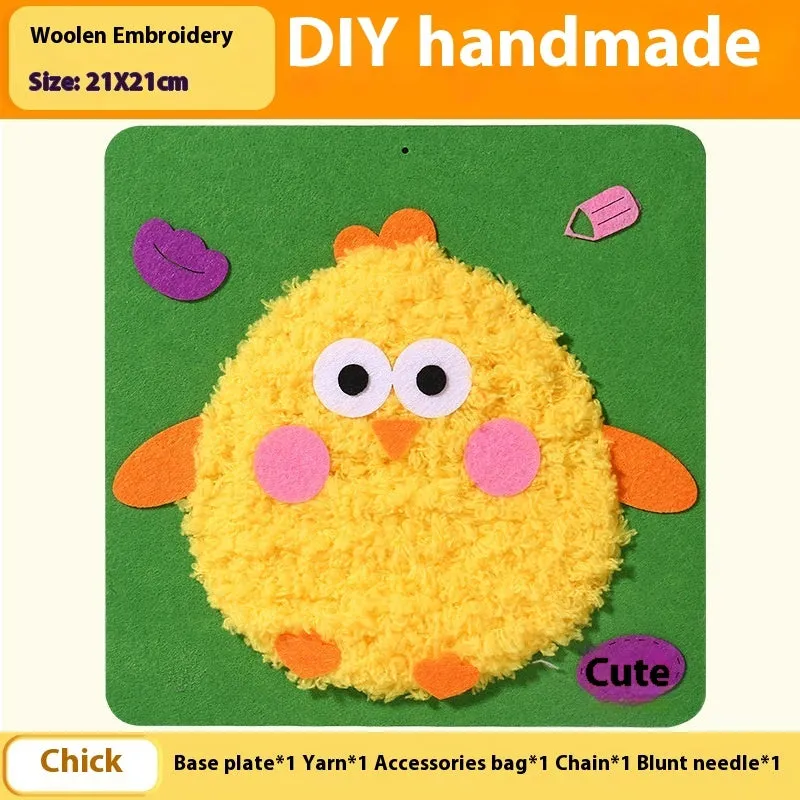 Children's DIY wool embroidery kit with cartoon animal design on 15cm cloth base