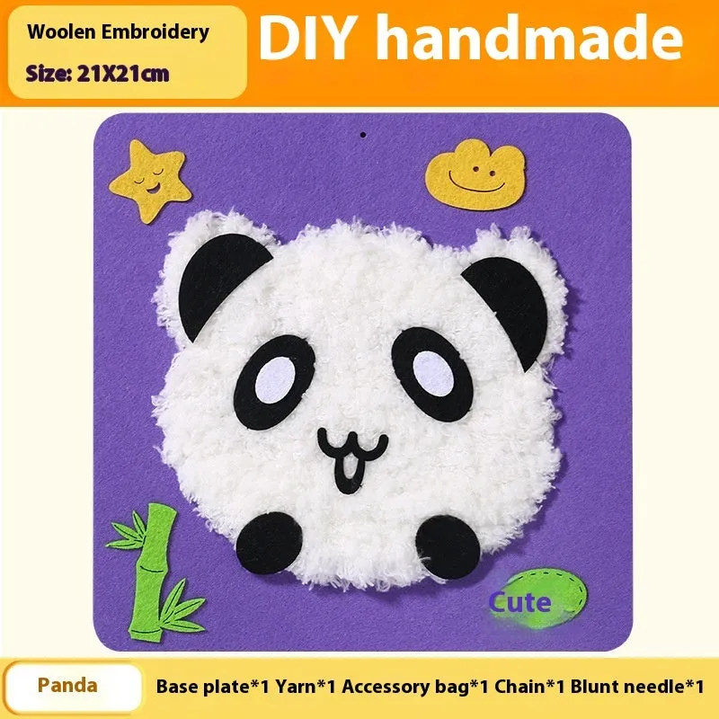 Children's DIY wool embroidery kit with cartoon animal design on 15cm cloth base