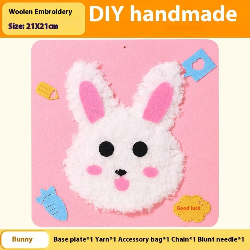 Children's DIY wool embroidery kit with cartoon animal design on 15cm cloth base