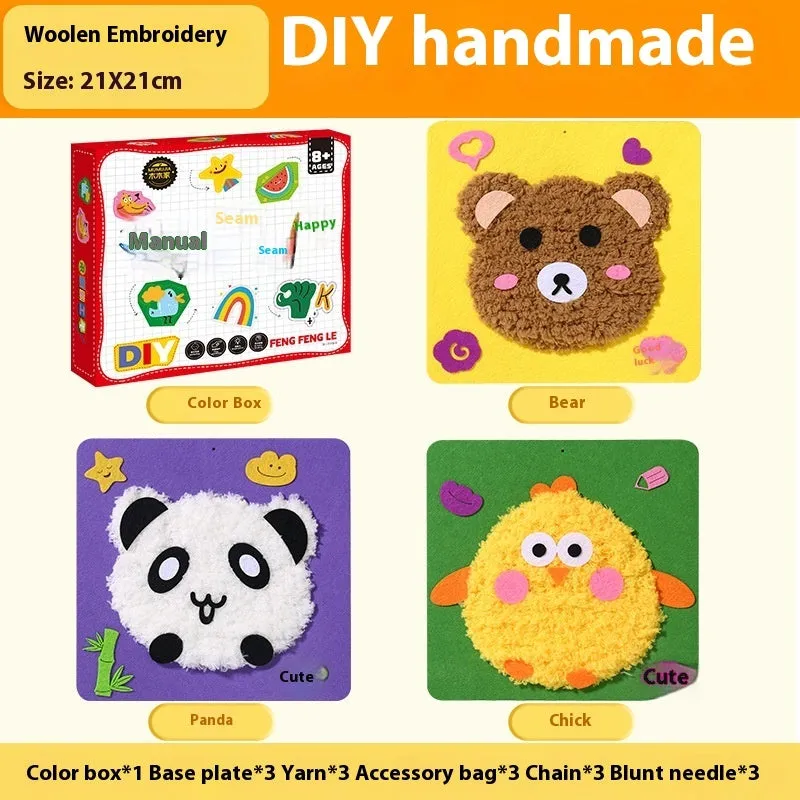 Children's DIY wool embroidery kit with cartoon animal design on 15cm cloth base