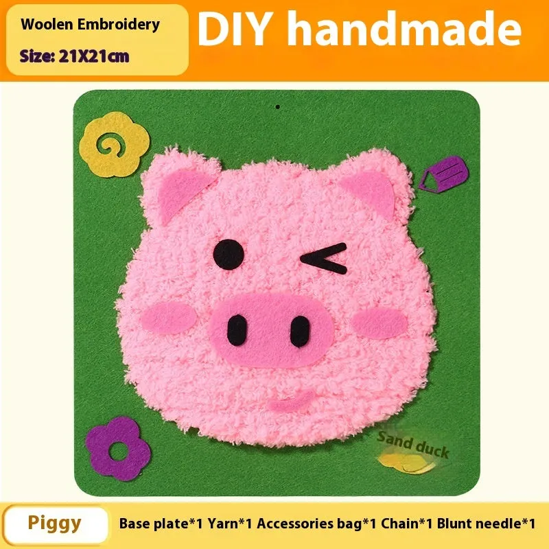 Children's DIY wool embroidery kit with cartoon animal design on 15cm cloth base