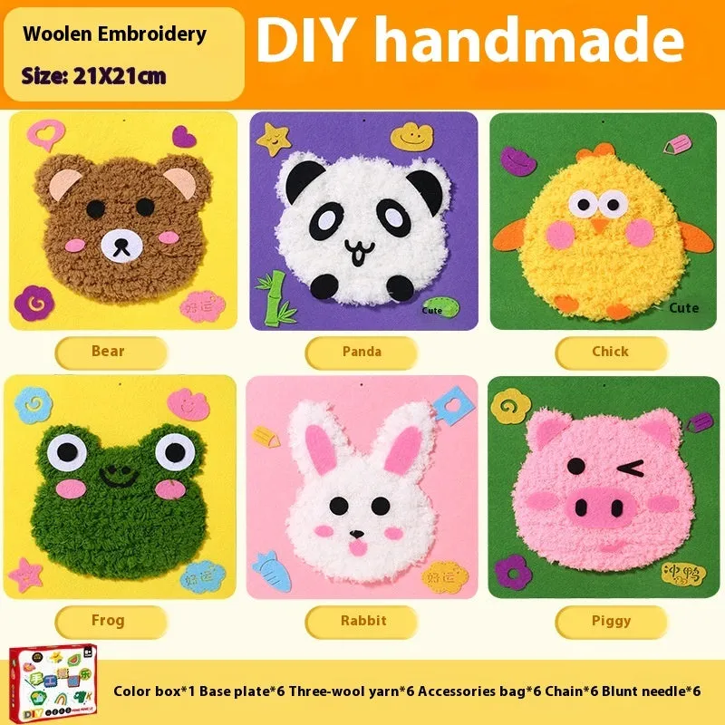 Children's DIY wool embroidery kit with cartoon animal design on 15cm cloth base