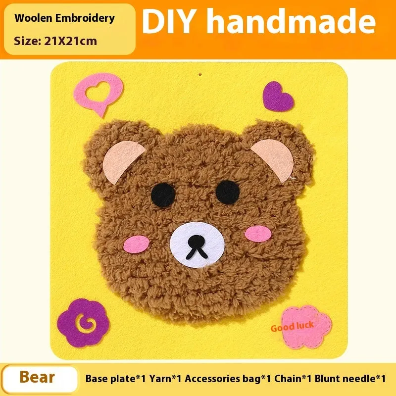 Children's DIY wool embroidery kit with cartoon animal design on 15cm cloth base