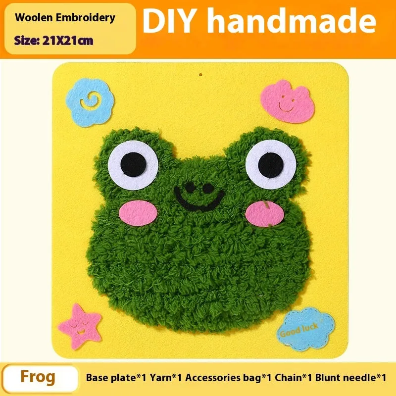 Children's DIY wool embroidery kit with cartoon animal design on 15cm cloth base