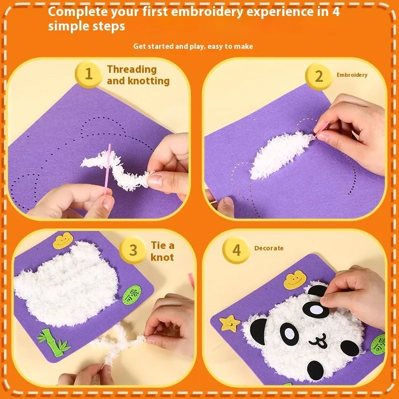 Children's DIY wool embroidery kit with cartoon animal design on 15cm cloth base