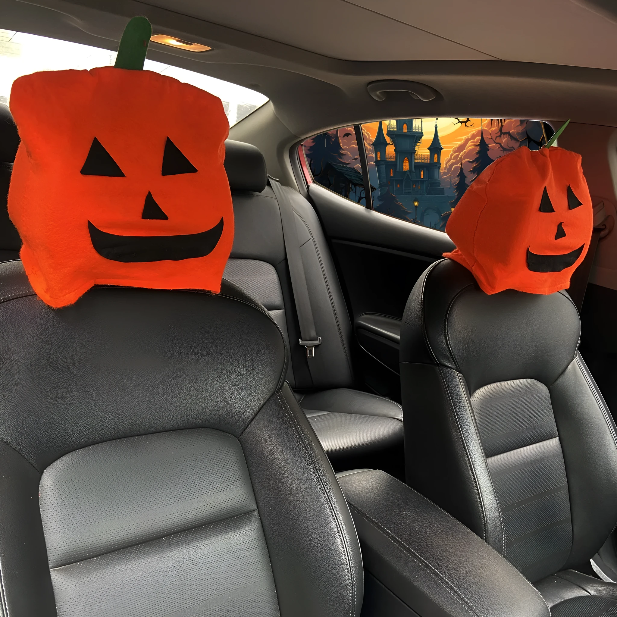 Orange pumpkin cartoon polyester Halloween decorative car chair cover on a car seat