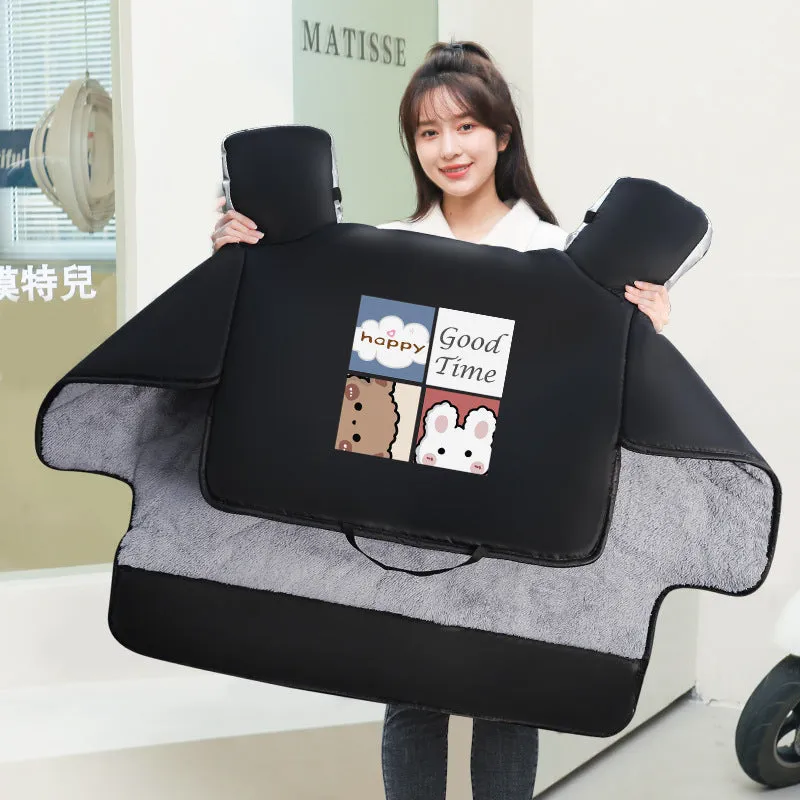 Electric vehicle windshield cover with thick velvet insulation in black colour lying on windscreen