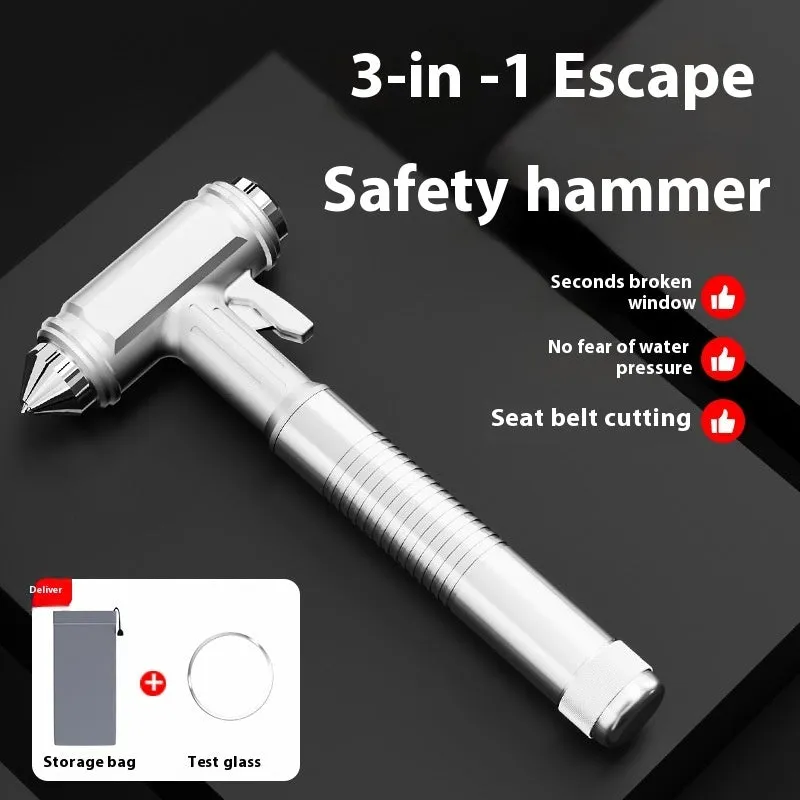 ST-7100 multi functional window breaker car safety hammer in compact 17×7.5cm size, 45# carbon steel, silver white finish